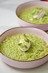 Risotto al basilico con ricotta affumicata, orata, limone e mandorle 